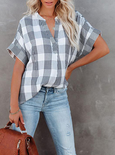 WMNS Split Collar Stripe Plaid Printed Oversize Shirt